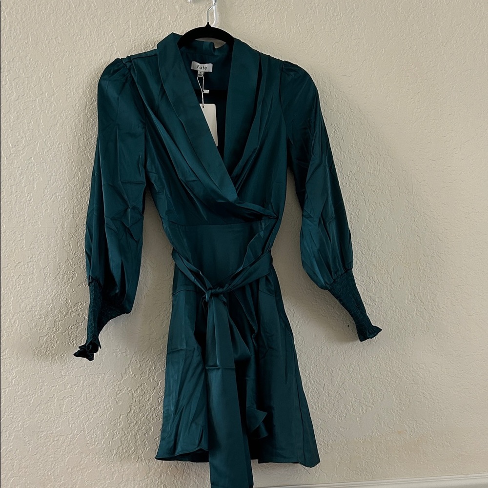 Fate Teal Wrap Mini Dress with Bishop Sleeves